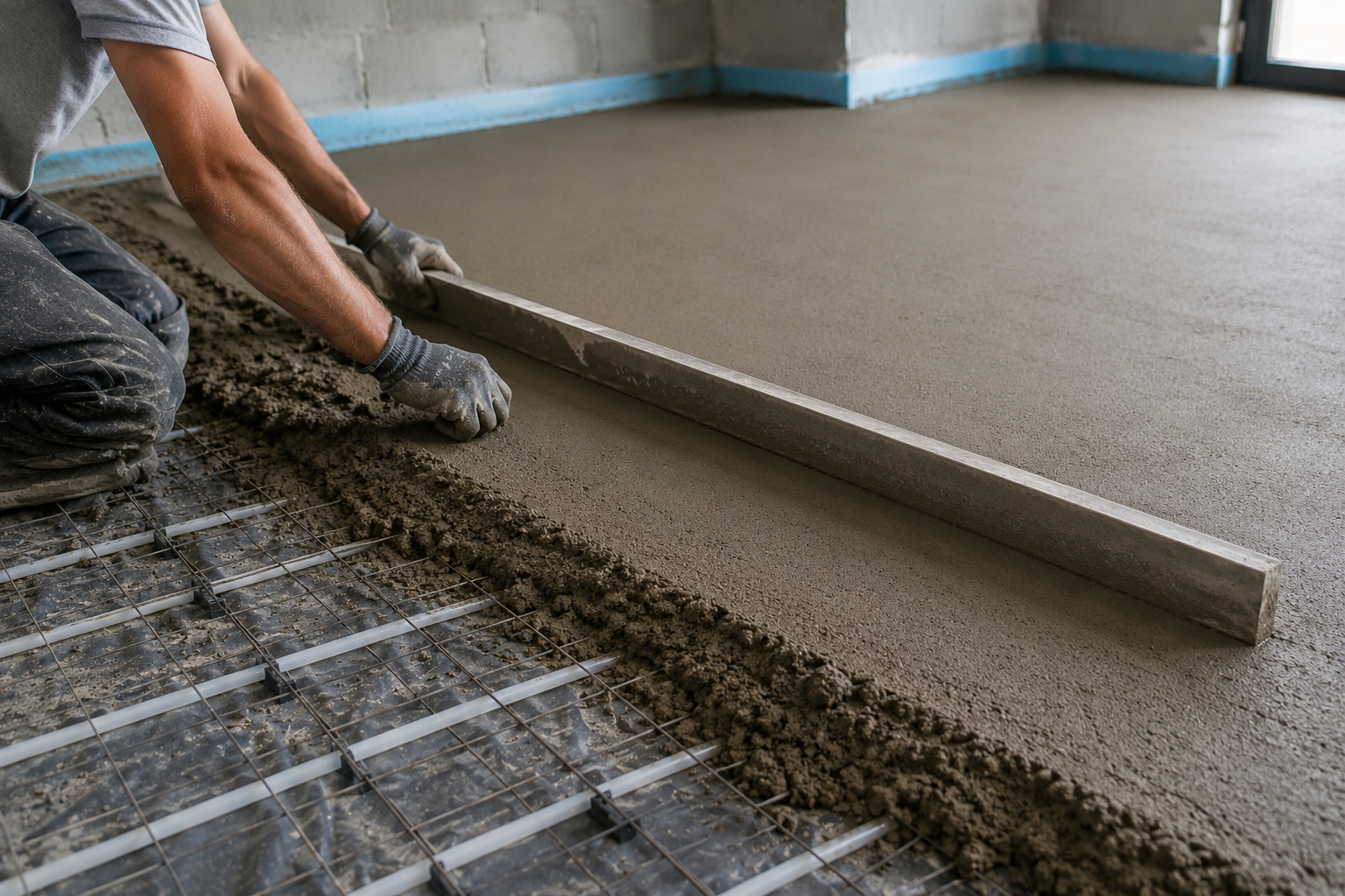 Tradesman levelling fresh screed over mesh and underfloor heating with a straight edge