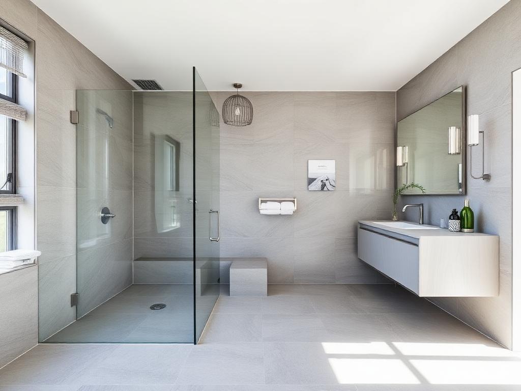 Finished modern bathroom renovation with large format grey tiles and walk-in shower